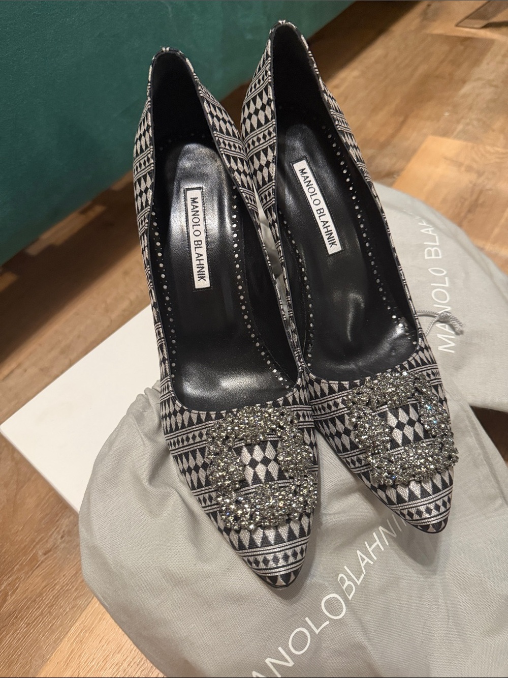 Manolo Blahnik Hangisi Black and Silver Embellished Pointed-Toe Pumps